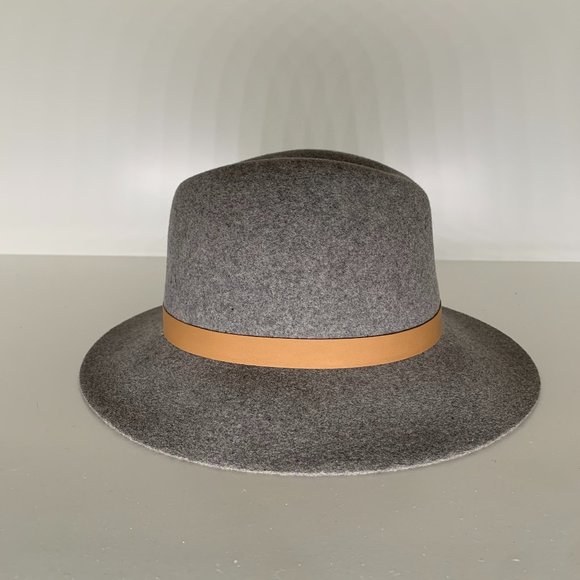 Janessa Leone gray hat with tan leather trim wool Janessa Leone Wool Felt Fedora Hat Medium Heather/Gray w  main image 4